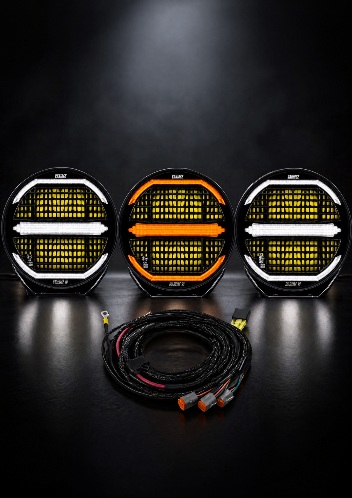 Triple Flare 9 Kit with Light SYNC High Beam Trigger Wiring Harness