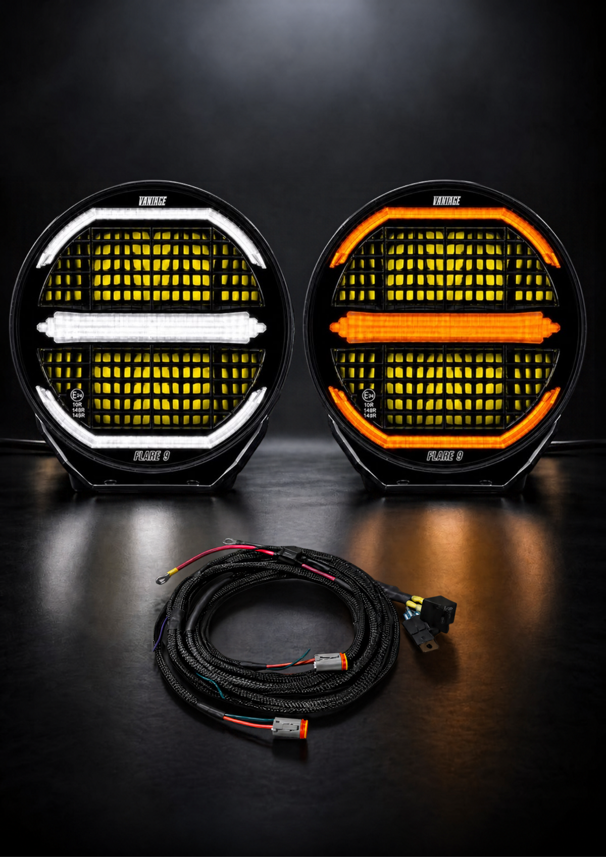 Twin Flare 9 Kit with Light SYNC High Beam Trigger Wiring Harness